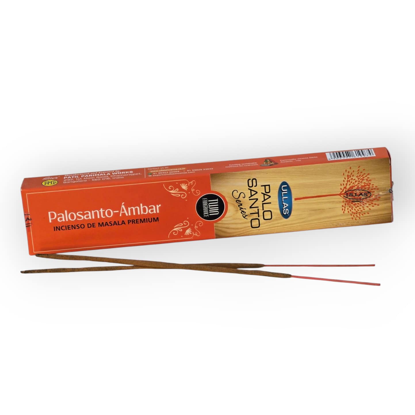 Varilla de incienso con base de Palo Santo y Ámbar sobre fondo blanco, aroma cálido, protector y espiritual