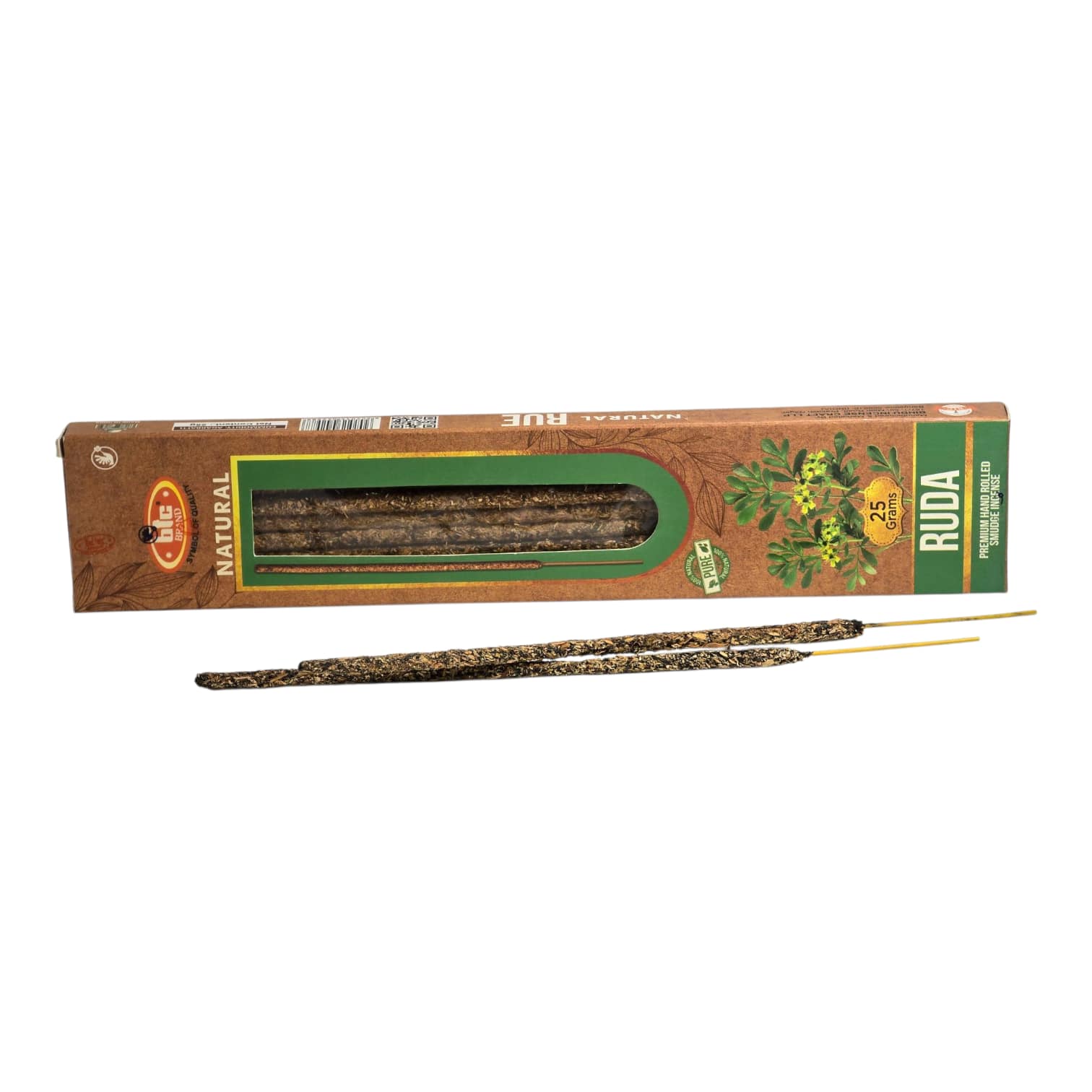 Varilla de incienso orgánico de ruda sobre fondo blanco, aroma herbal intenso y purificador