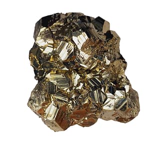 Pirita cocada en drusa con cristales dorados brillantes y textura rugosa, sobre fondo neutro