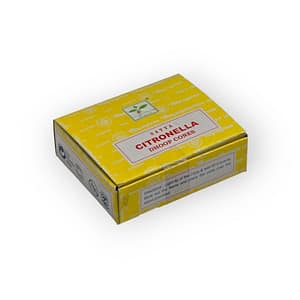 onos de incienso Satya Citronella sobre fondo blanco, aroma cítrico fresco y protector