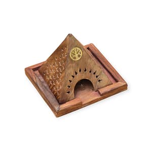 Incensario de madera en forma de pirámide con símbolo Árbol de la Vida, ideal para conos de incienso