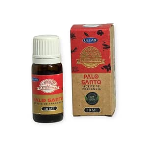 Frasco de aceite aromático de palo santo sobre fondo blanco, aroma cálido y purificador