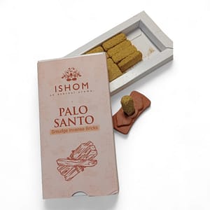 Set de incienso en ladrillos con incensario sobre fondo blanco, aroma intenso de palo santo